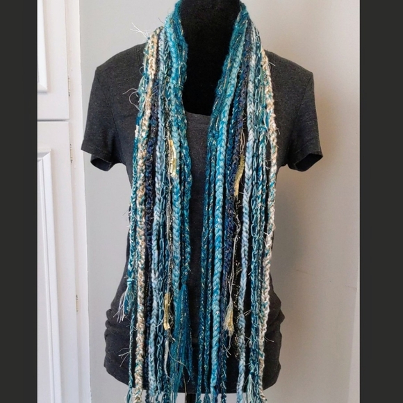 Teal Gold Aqua Ivory Handmade Fringe Scarf!! New Made By Lola - Picture 7 of 10
